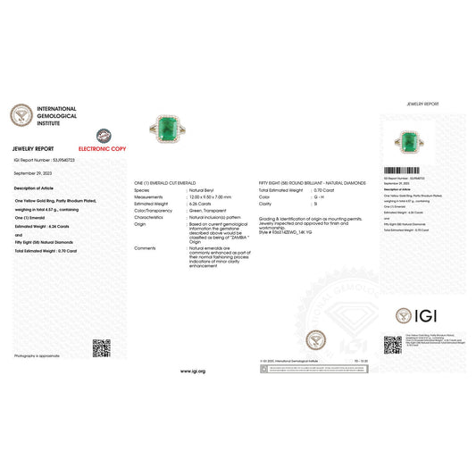 Anillo de oro amarillo de 14 quilates con esmeralda zambiana auténtica de 6,96 quilates y diamantes blancos, certificado por IGI