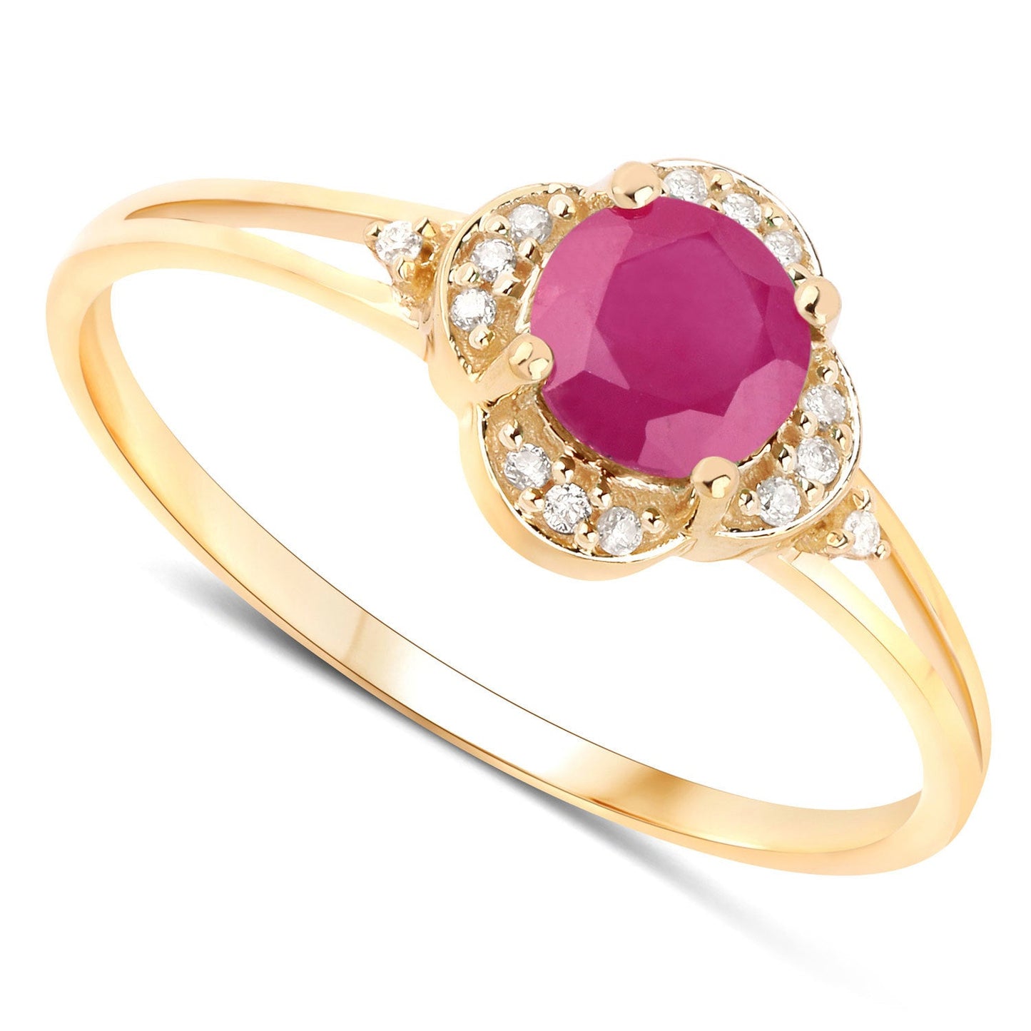 Anillo de oro amarillo de 14K con rubí genuino de 0.59 quilates y diamantes blancos