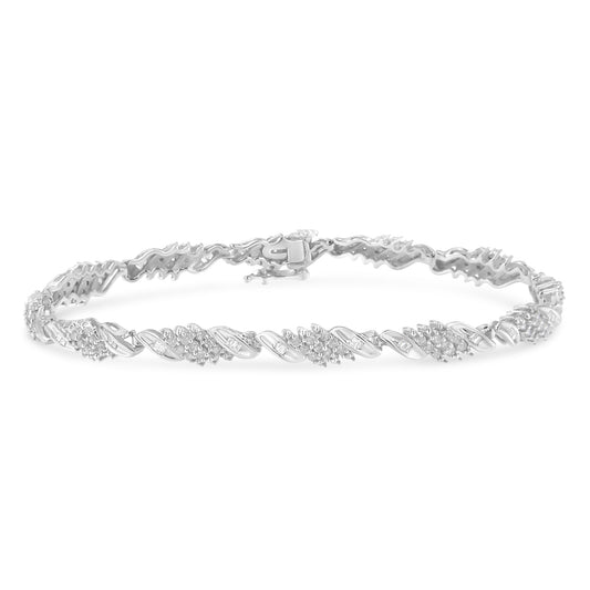 Pulsera de eslabones ondulados de plata de ley .925 con diamantes redondos y corte baguette de 1.5 quilates (color I-J, claridad I2-I3) - 7"