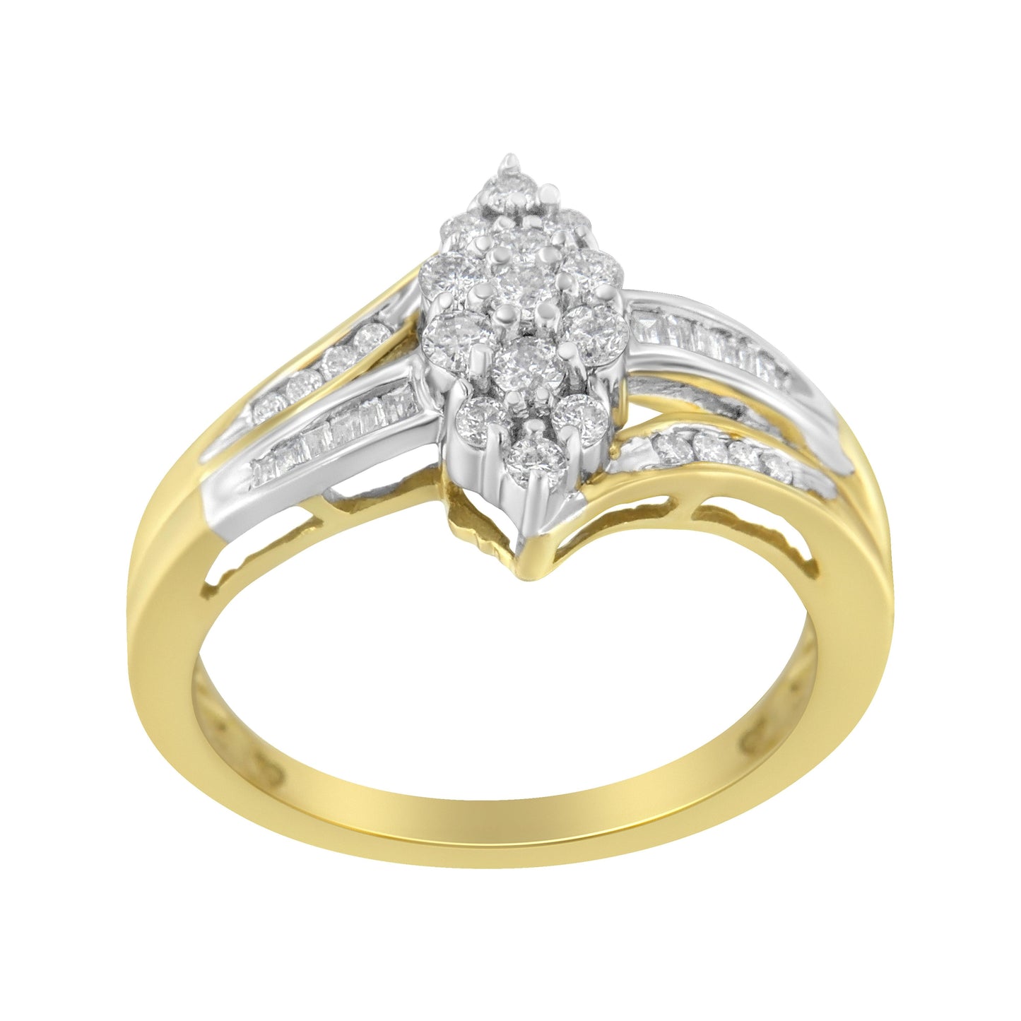Anillo de racimo con forma de marquesa de diamante de 1/2 quilate de oro amarillo y blanco de 10 quilates con vástago dividido (color H-I, claridad SI2-I1) - Talla 7