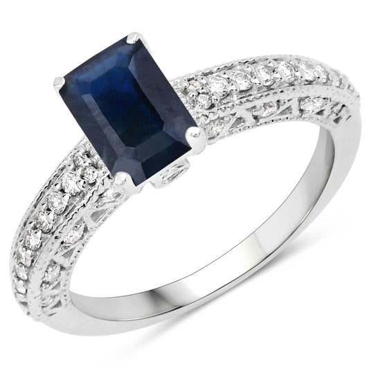 Anillo de oro blanco de 14K con zafiro azul genuino de 1.55 quilates y diamante blanco (color I, claridad SI)