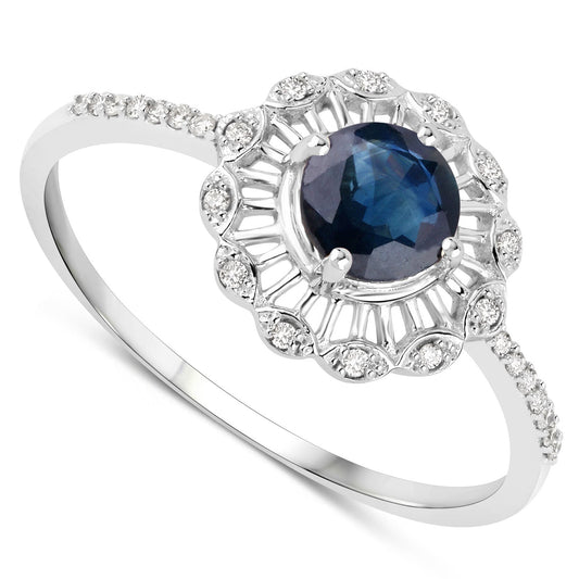 Anillo de oro blanco de 14K con zafiro azul genuino de 0.72 quilates y diamante blanco