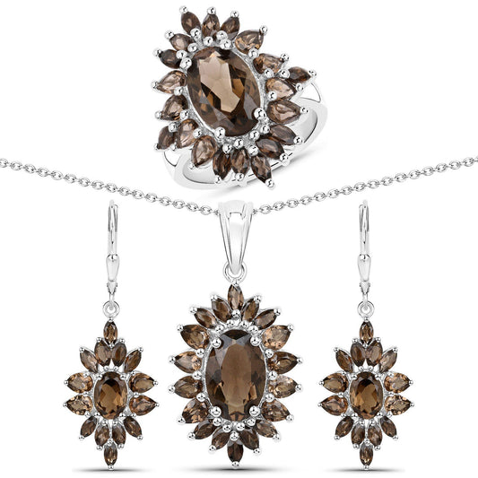 Juego de joyas de 3 piezas de cuarzo ahumado auténtico de 16,36 quilates en plata de ley .925 (anillo, pendientes y colgante con cadena)