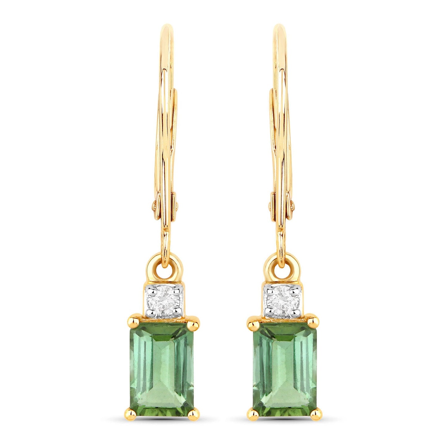 1.28 Carat Genuine Green Tourmaline and White Diamond 14K Yellow Gold Earrings