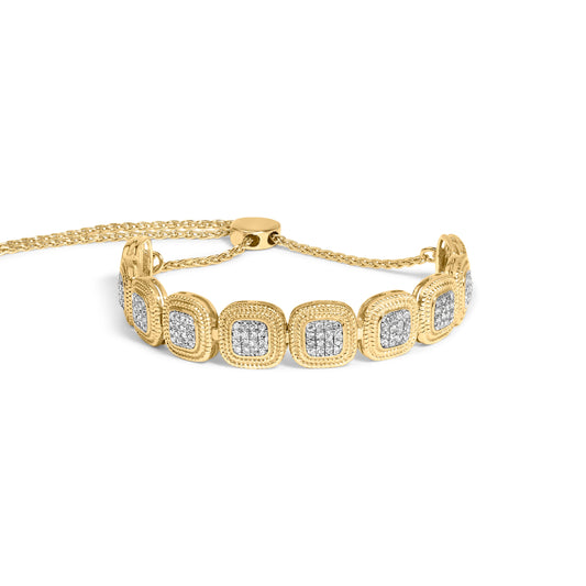 Pulsera Bolo Ajustable de 14 k de Oro Amarillo, Plata Fina .925, Marco Cojín Compuesto de Diamantes de 5/8 Ct, de 4"-10" (Color G-H, Claridad I1-I2)