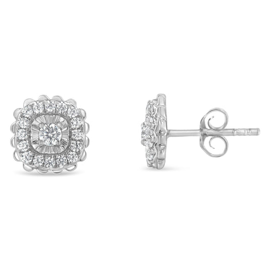 Aretes tipo dormilona con halo de racimo de diamantes de talla redonda de 1/2 quilate (color I-J, claridad I2-I3) en plata de ley .925