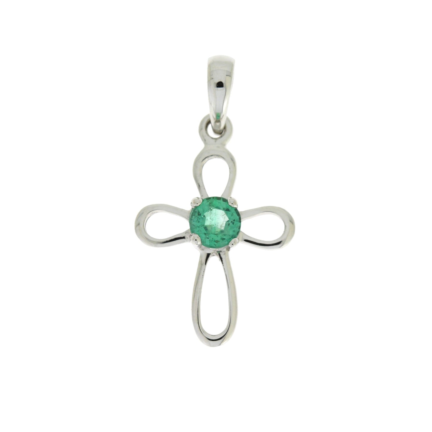 Colgante religioso de cruz con esmeralda de .19ct en oro blanco de 10KT