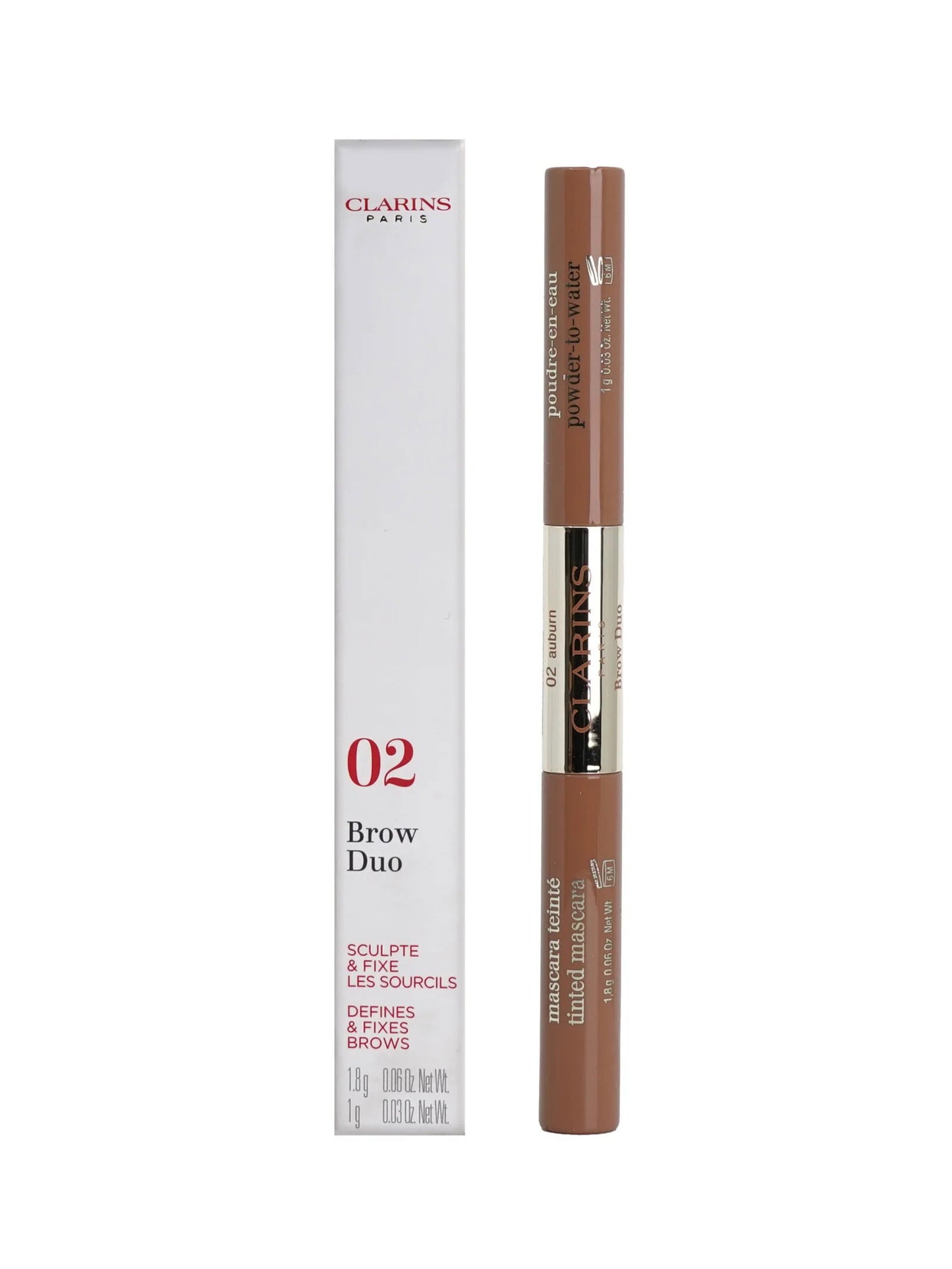 Clarins, Brow Duo, Defining & Long Lasting, Eyebrow Pencil, Eyebrow Cream Pencil & Gel 2-In-1, 02, Auburn, 2.8 g