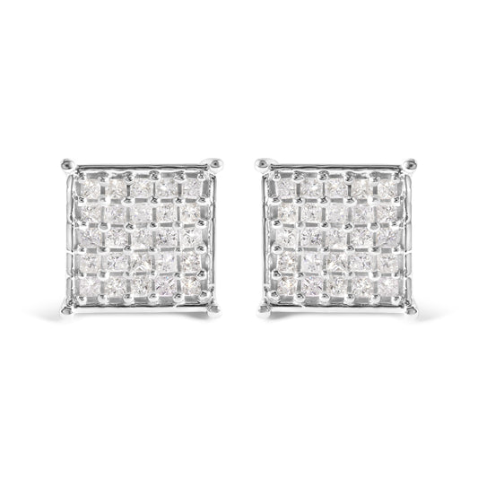 Pendientes de botón con diamante princesa de 3/4 Cttw de oro blanco de 10K (color I-J, claridad I1-I2)