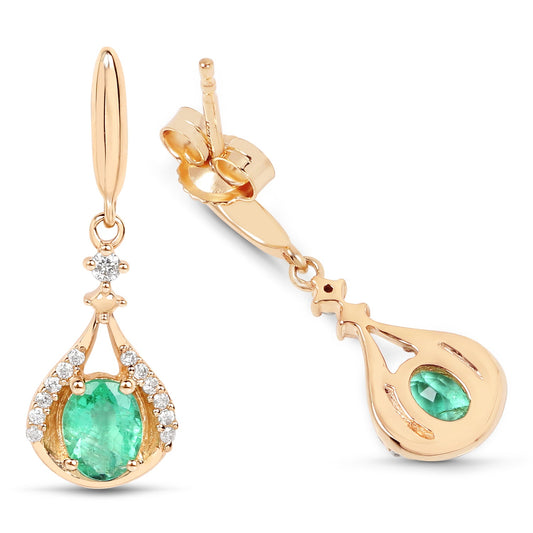 Pendientes de oro amarillo de 14 quilates con esmeralda zambiana auténtica de 0,70 quilates y diamantes blancos