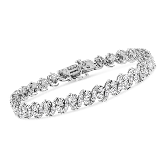 Pulsera de Eslabones en Forma de "S" de Plata Esterlina .925 con Diamantes de Talla Redonda de 2.0 Cttw (Color I-J, Claridad I3) - 7.25"