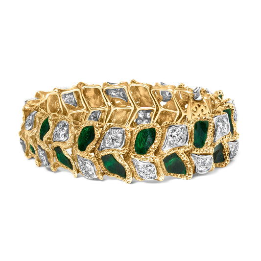 Pulsera de oro amarillo de 18 quilates con textura de oro, esmalte verde y diamantes de 3 1/4 quilates (color G-H, claridad VS1-VS2) - 7 pulgadas