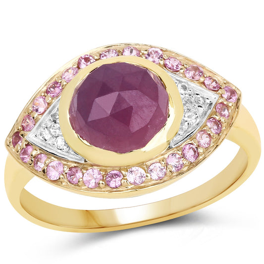 Anillo de plata de ley 925 con zafiro rosa genuino de 3,02 quilates y topacio blanco, chapado en oro amarillo de 14 quilates