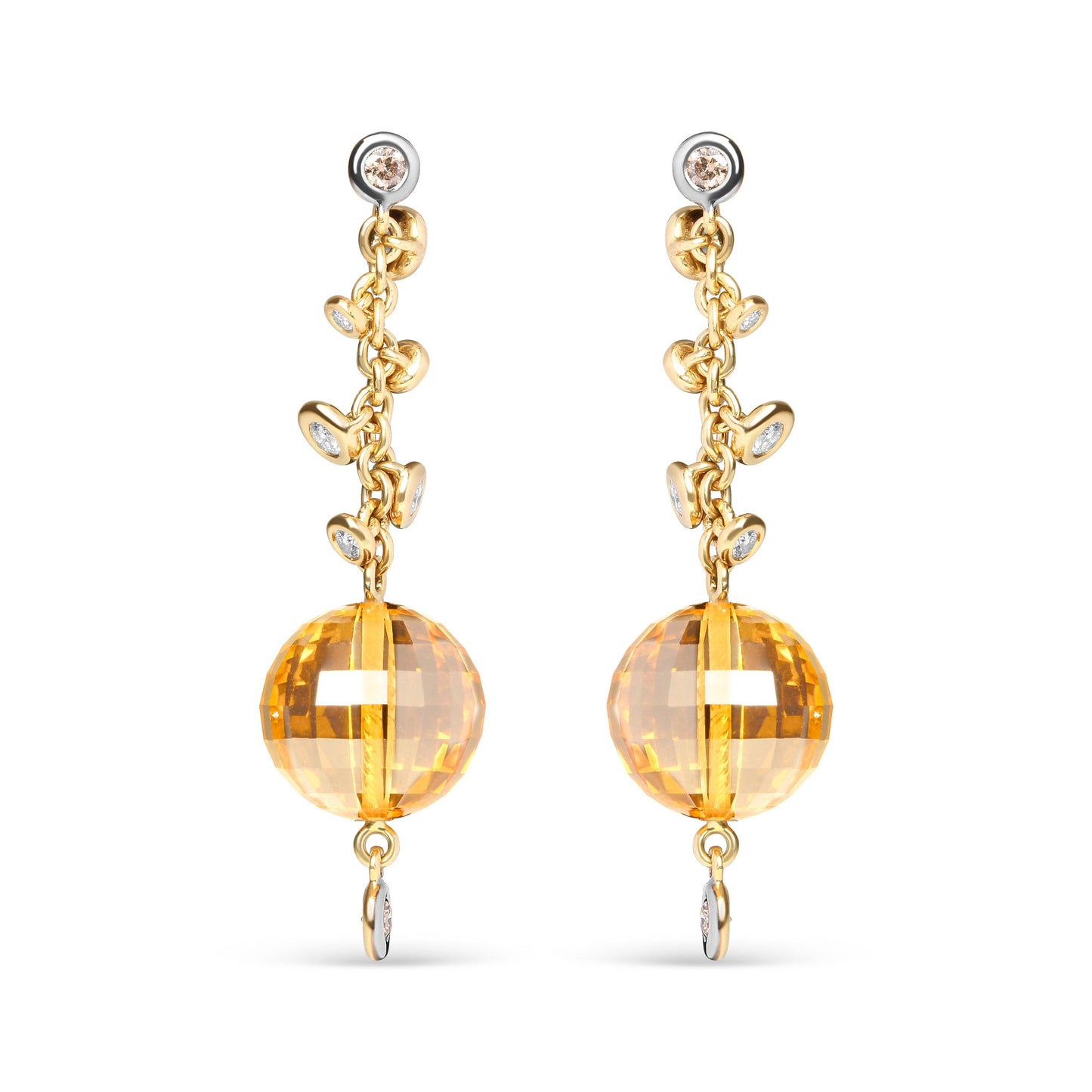 Pendientes colgantes de oro amarillo de 18 quilates con diamante redondo de 0,66 quilates engastado en bisel y citrino amarillo en forma de esfera de 25 mm (color marrón y G-H, claridad SI1-SI2)