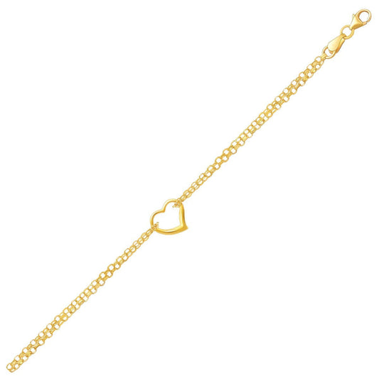 Tobillera de cadena rolo doble de oro amarillo de 14k con estación de corazón abierto