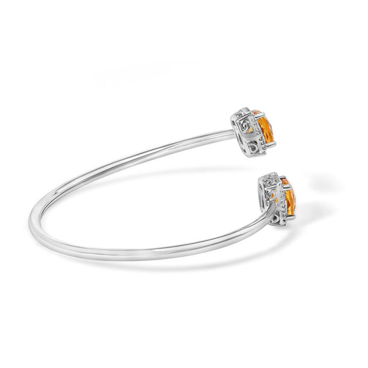Pulsera de plata de ley .925 con citrino amarillo de talla cojín de 8 mm y detalles de diamante, diseño dividido (color H-I, claridad SI1-SI2) - Se ajusta hasta 7.75 pulgadas