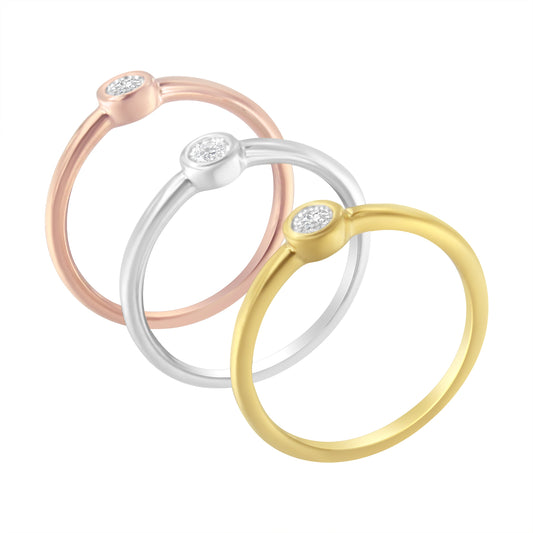 Juego de anillos apilables de promesa de plata de ley .925 con baño de oro de 14 quilates tricolor, diamantes redondos engastados en milagro de 1/6 quilates (color J-K, claridad I1-I2) - Talla 7