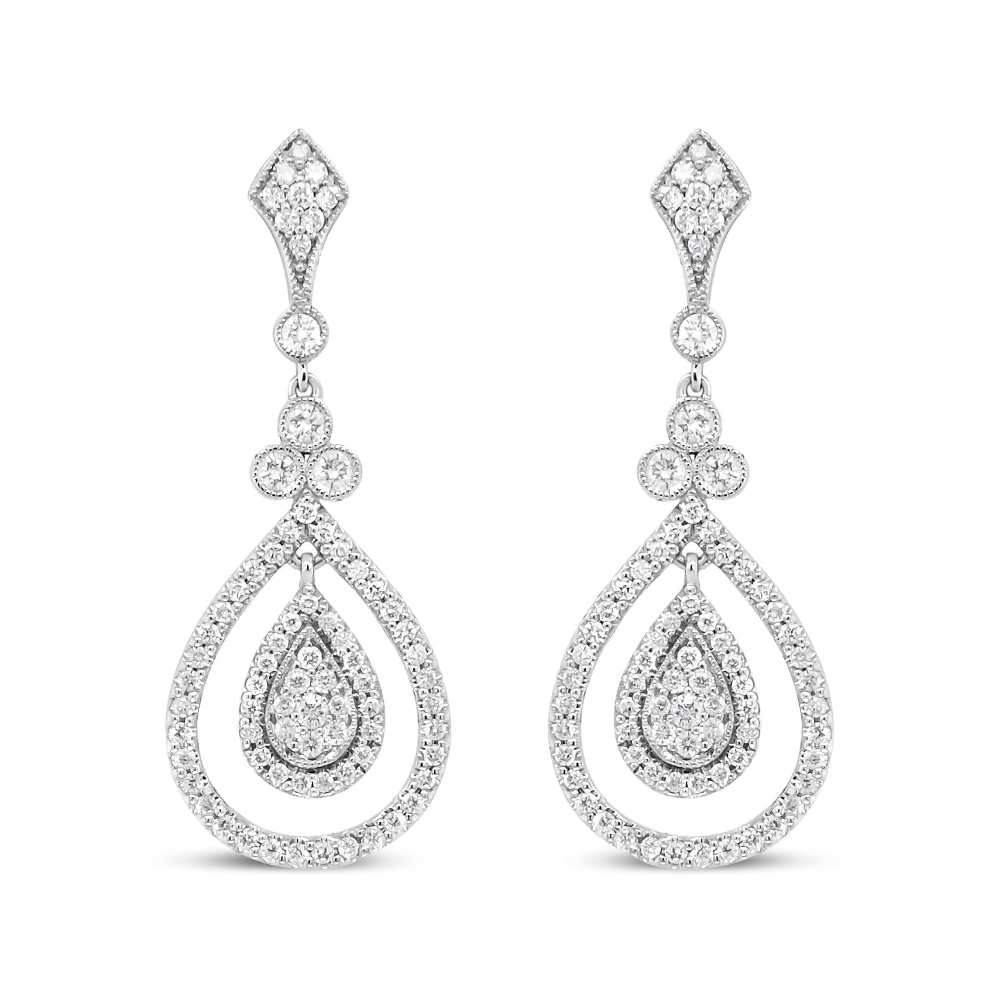 Pendientes colgantes con forma de lágrima calada de oro blanco de 18K con diamantes redondos de 1,25 qt (Color F-G, Claridad VS1-VS2)