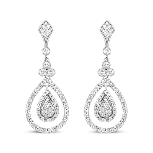 Pendientes colgantes con forma de lágrima calada de oro blanco de 18K con diamantes redondos de 1,25 qt (Color F-G, Claridad VS1-VS2)