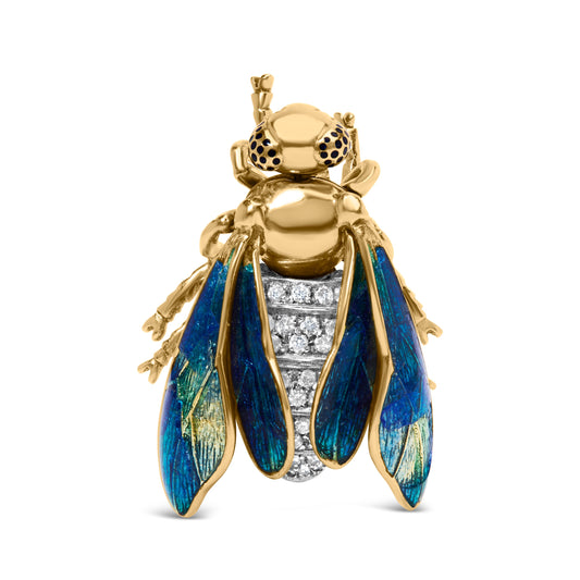 Broche de abeja de oro amarillo de 18 quilates con pavé de diamantes de 1/2 quilate y esmalte azul verdoso (color F-G, claridad VS1-VS2)
