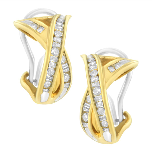 Pendientes de aro cruzados con diamantes en forma de "X" de oro blanco y amarillo de 14K de 1/2 TDW (I-J, I2-I3)
