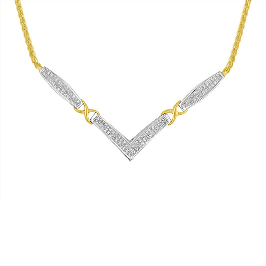 Gargantilla Franco de 18" de Oro Amarillo y Blanco de 14K con Diamantes de Corte Princesa de 2.0 Quilates en Total, Diseño Acampanado y Estación en X en Forma de V (Color H-I, Claridad SI2-I1)