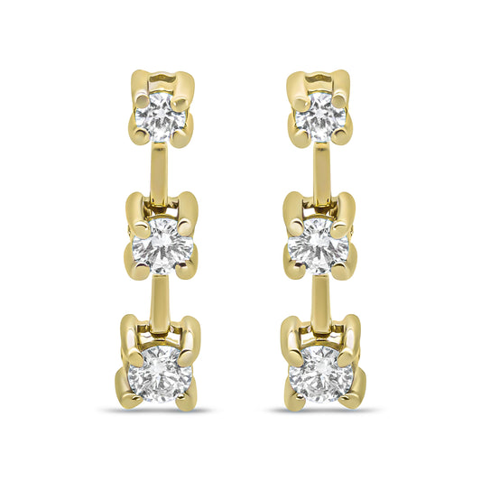 Pendientes de botón en oro amarillo de 14 quilates con diamantes redondos de 1/2 quilate en total, de tres piedras, en cascada lineal y con diseño de pasado, presente y futuro (color H-I, claridad SI1-SI2)