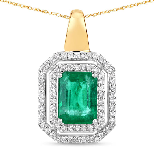 Colgante de oro amarillo y blanco de 14K con esmeralda zambiana auténtica de 2.37 quilates certificada por el IGI y diamantes blancos