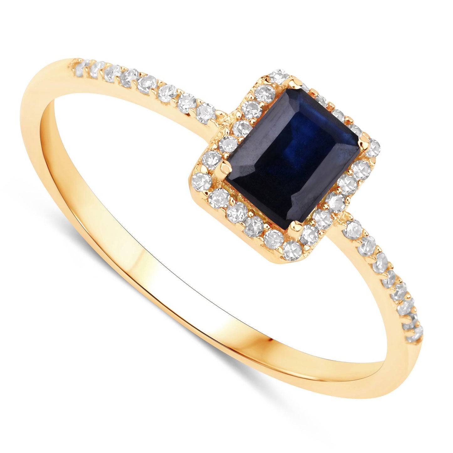 Anillo de oro amarillo de 14K con zafiro azul genuino de 0.60 quilates y diamantes blancos