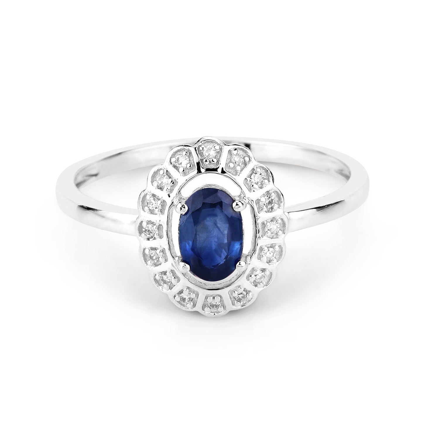 Anillo de oro blanco de 14K con zafiro azul genuino de 0,52 quilates y diamantes blancos