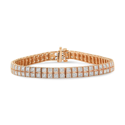 Pulsera de tenis de oro rosa de 14 quilates y 3,0 quilates de diamantes cultivados en laboratorio de dos filas con milgrain de 17,78 cm (color G-H, claridad VS2-SI1)