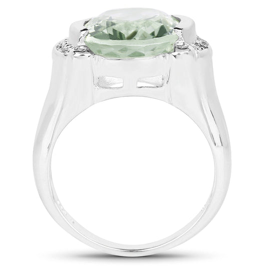Anillo de plata de ley .925 con amatista verde genuina de 8,12 quilates, topacio blanco y diamante blanco