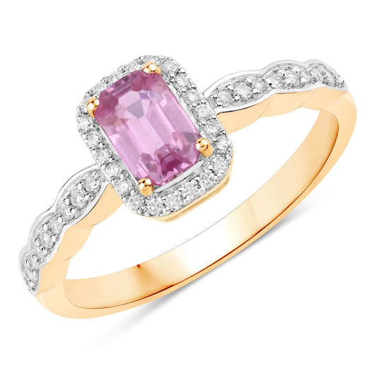 Anillo de oro amarillo de 14K con zafiro rosa genuino de 0.80 quilates y diamantes blancos