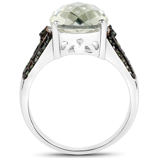 Anillo de plata de ley .925 con amatista verde genuina de 4.41 quilates y diamantes verdes
