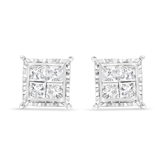 14K White Gold 1 1/2 Cttw Invisible Set Princess-Cut Diamond Contemporary Wavy Quad Stud Earrings (I-J Color, I1-I2 Clarity)
