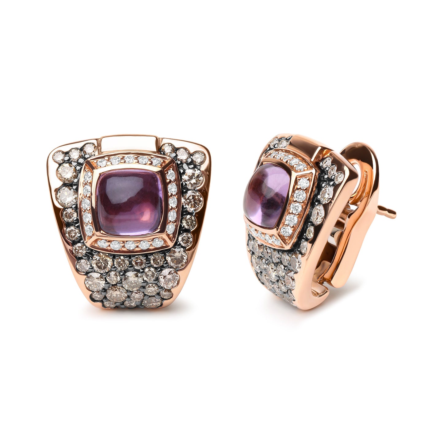 Pendientes de Botón con Diseño Geométrico de Oro Rosa de 18K con Diamantes Redondos de 1 1/2 Cttw y Amatista Púrpura de Talla Cojín de 7 mm (Color Marrón y G-H, Claridad SI1-SI2)