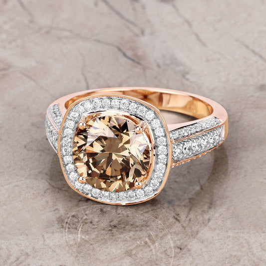 Anillo de oro rosa de 18 quilates con diamante marrón genuino de 3,01 quilates certificado por IGI y diamante blanco de 0,52 quilates (3,53 quilates en total)