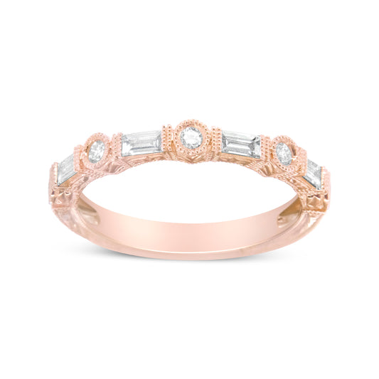 Anillo de boda de oro rosa de 14 quilates con diamantes baguette y redondos de 0.37 ct. (color H-I, claridad VS1-VS2) - Talla 6.75