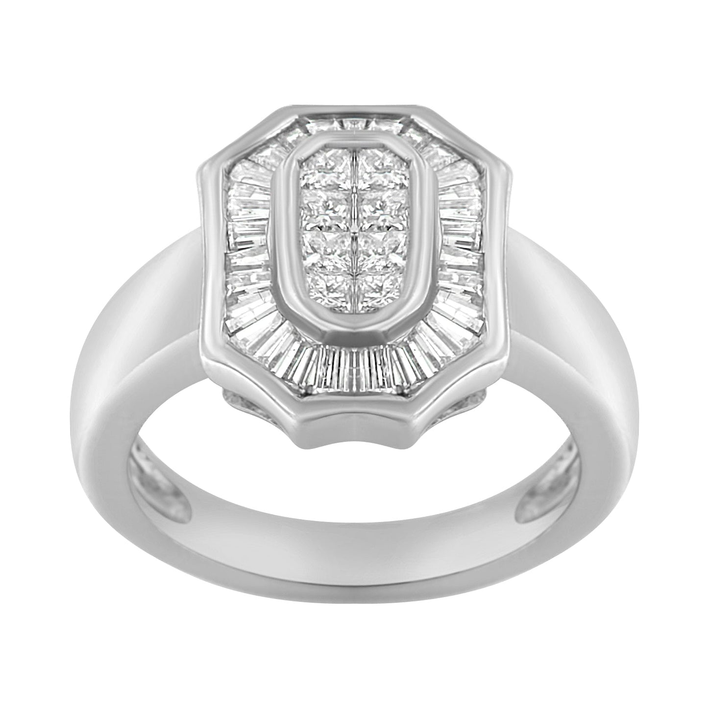 Anillo de estilo Art Déco tipo cóctel de oro blanco de 14K con diamantes baguette y de talla princesa de 1,00 qt (color H-I, claridad SI1-SI2) - Talla 7