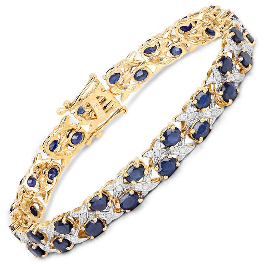 Pulsera de plata de ley .925 con baño de oro amarillo de 14 quilates, zafiro azul auténtico de 12.53 quilates y diamante blanco