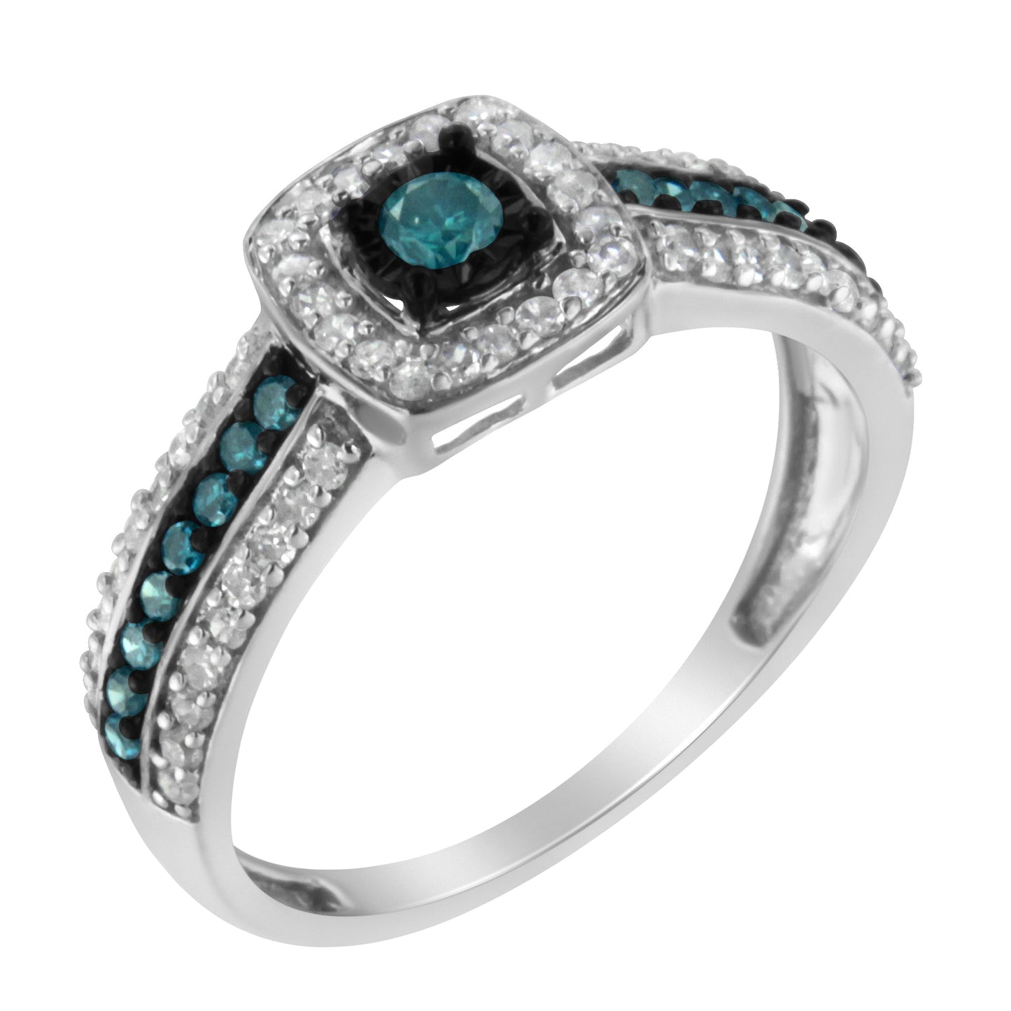 Anillo de compromiso de plata de ley .925 con diamantes azules tratados en engaste illusion (1/2 quilate total, color J-K, claridad I1-I2) - Talla 6