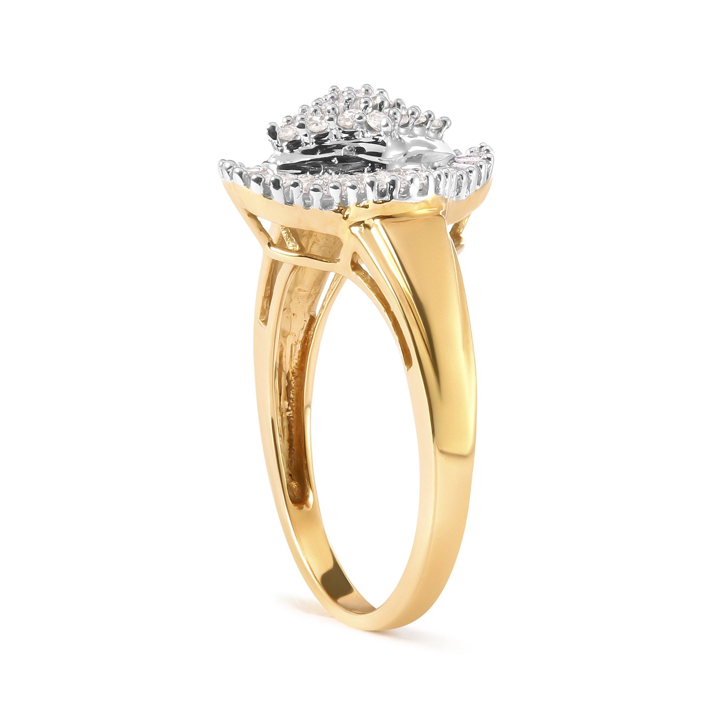 Anillo de oro amarillo de 10 qt con cabeza de rombo de diamantes redondos y de talla baguette de 1/2 quilates en total y halo (color I-J, claridad I1-I2) - Talla 7