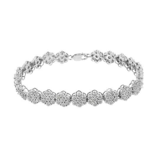 Pulsera de Eslabones de Plata de Ley .925 con Racimo Floral de 7 Piedras y Diamantes de 2.0 cttw (Color I-J, Claridad I3) - 7.25"
