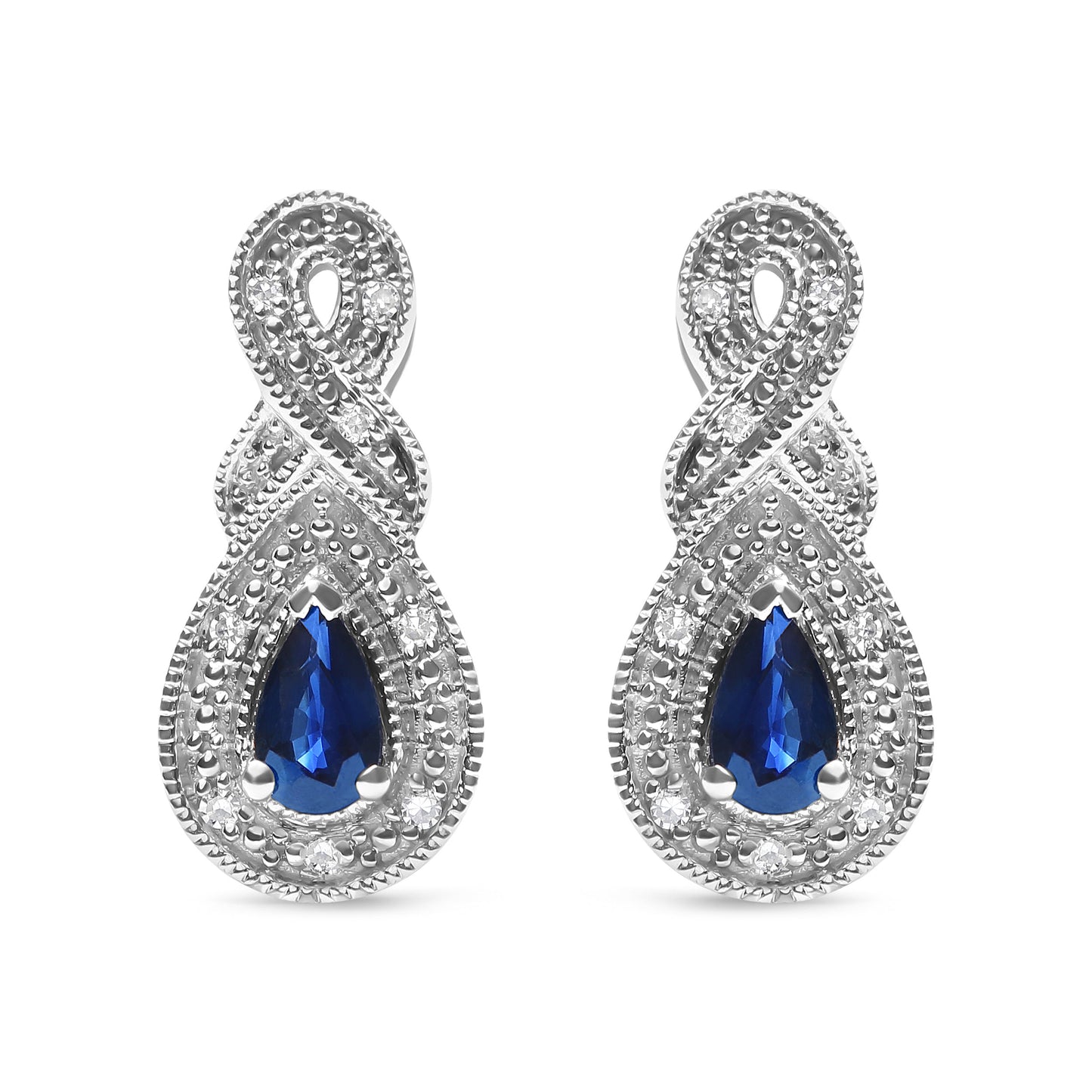Pendientes de gota de plata de ley .925 con gema de zafiro en forma de pera de 4.5 x 3 mm y acento de diamante de infinito (color H-I, claridad SI1-SI2)