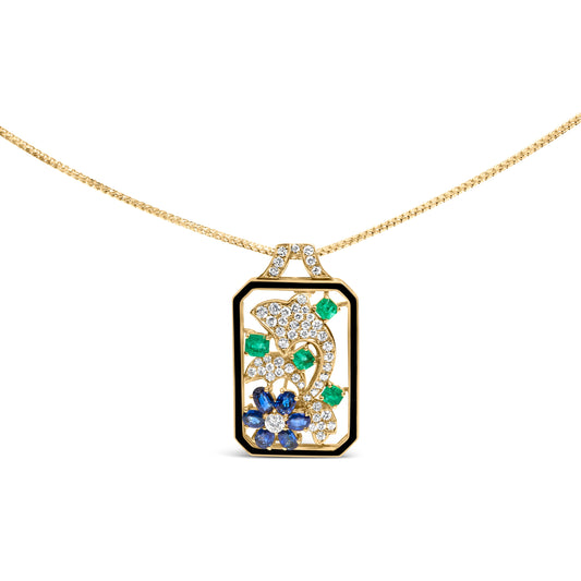 Colgante-collar y broche convertible de oro amarillo de 18K con diamante, zafiro y esmeralda de 2 1/3 Cttw, diseño de chapa de identificación con silueta de delfín de 45,72 cm (color G-H, claridad SI1-SI2)