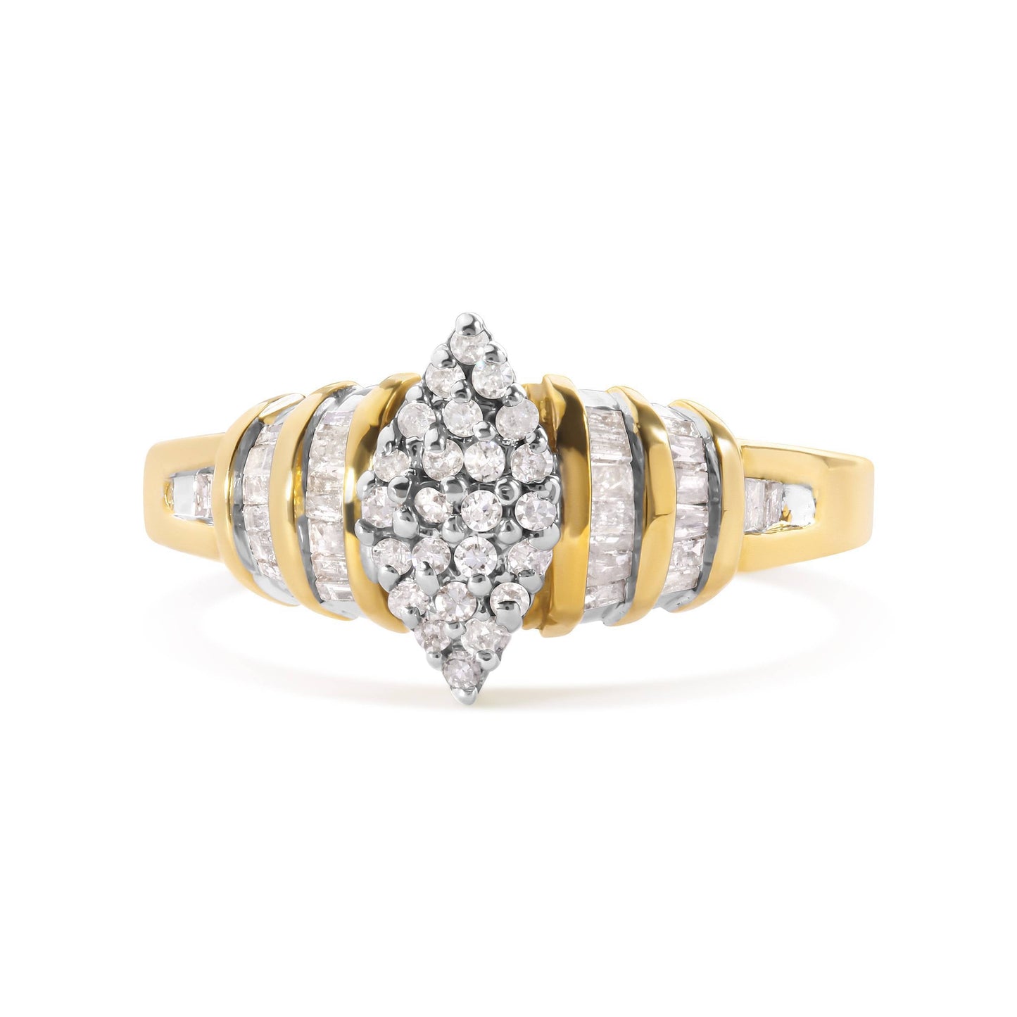 Anillo de oro amarillo de 10K con cabeza en forma de pera de 1/2 quilate total y vástago de varias hileras engastado en canal (color H-I, claridad SI2-I1) - Talla 7