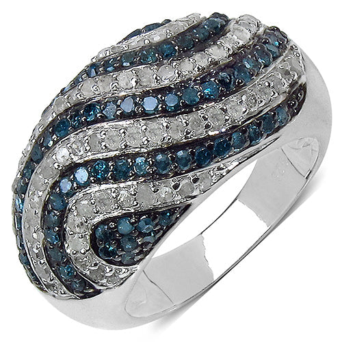 Anillo de Plata de Ley .925 con Diamantes Azules y Blancos Genuinos de 1.34 Quilates
