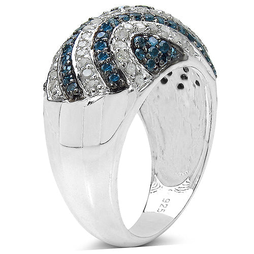 Anillo de Plata de Ley .925 con Diamantes Azules y Blancos Genuinos de 1.34 Quilates