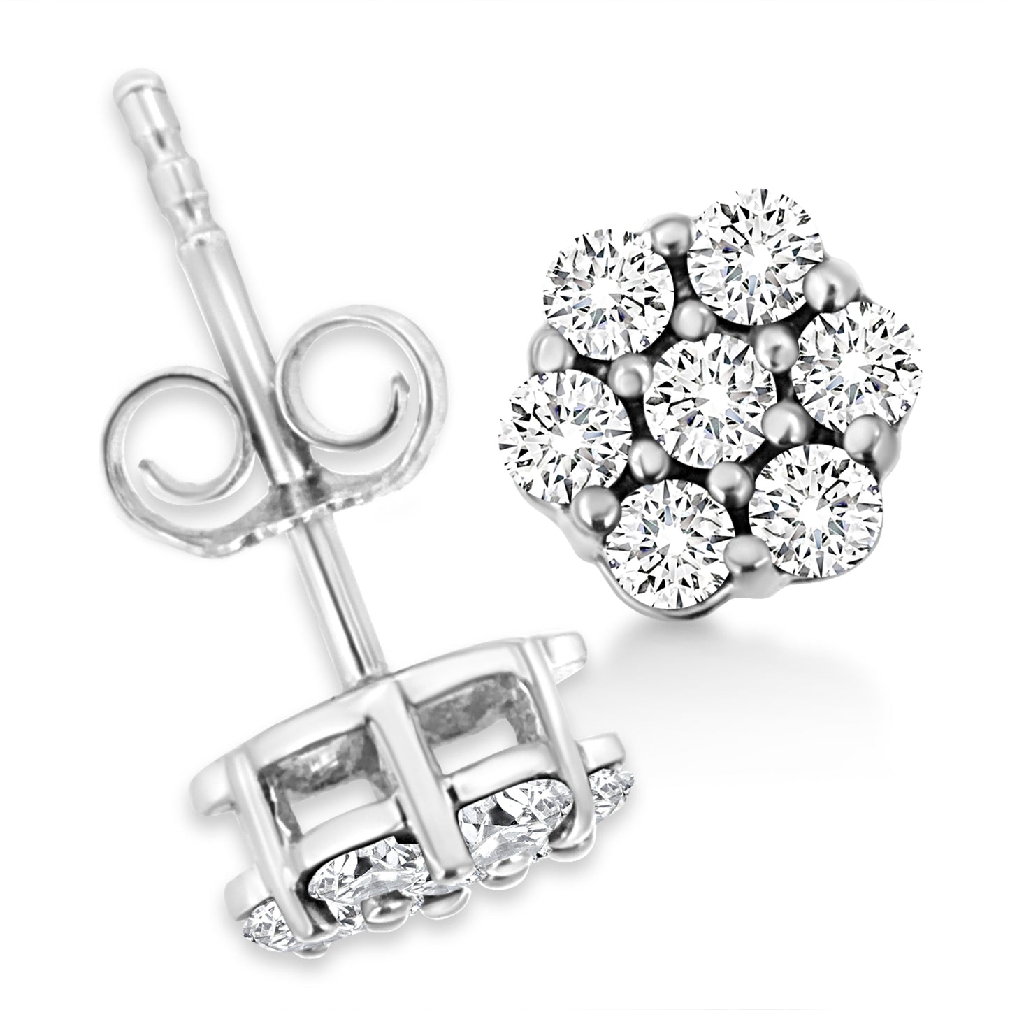 Pendientes de botón de oro blanco de 14 quilates con flores de diamantes de talla redonda engastados con garras de 1/2 quilate (color H-I, claridad I1-I2)