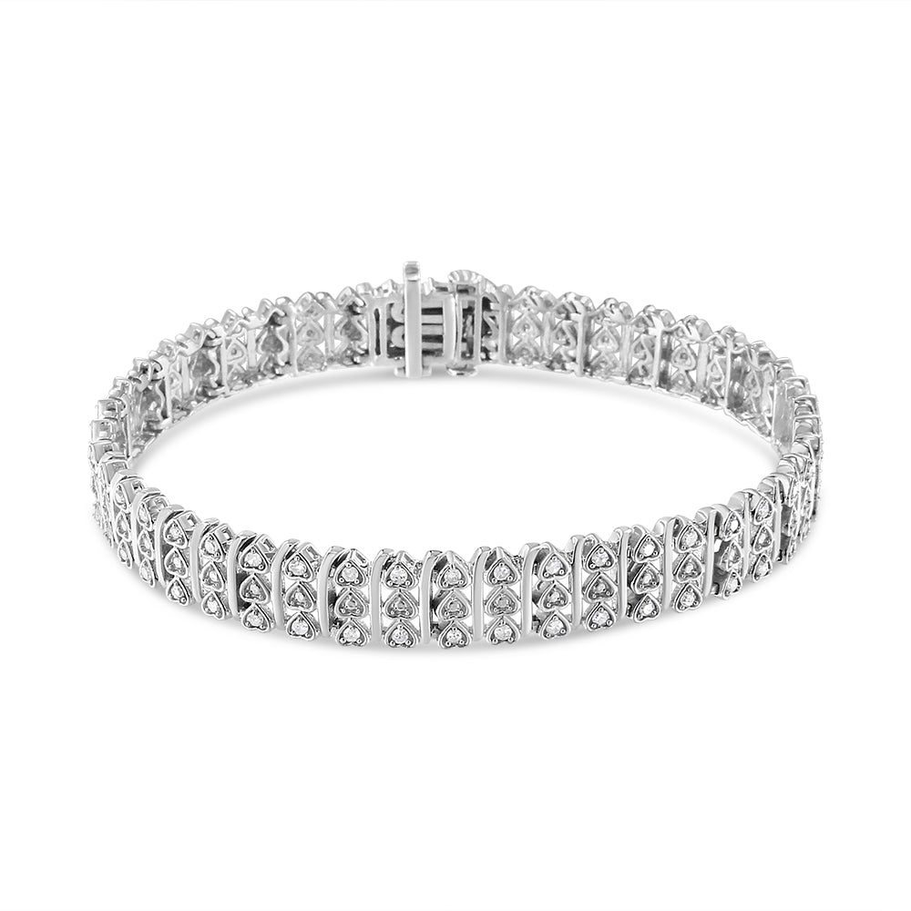 Brazalete de eslabones de corazón de múltiples filas con diamantes de plata esterlina .925 de 1,00 Cttw (color H-I, claridad I1-I2) - 7,25" pulgadas